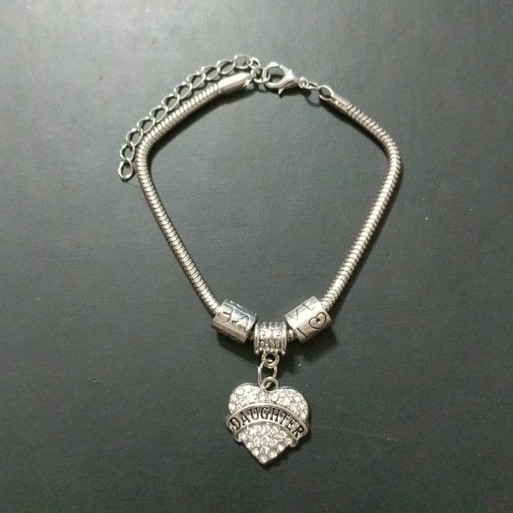 Silver Tone Clear Rhinestone Heart Daughter Charm Statement Bracelet